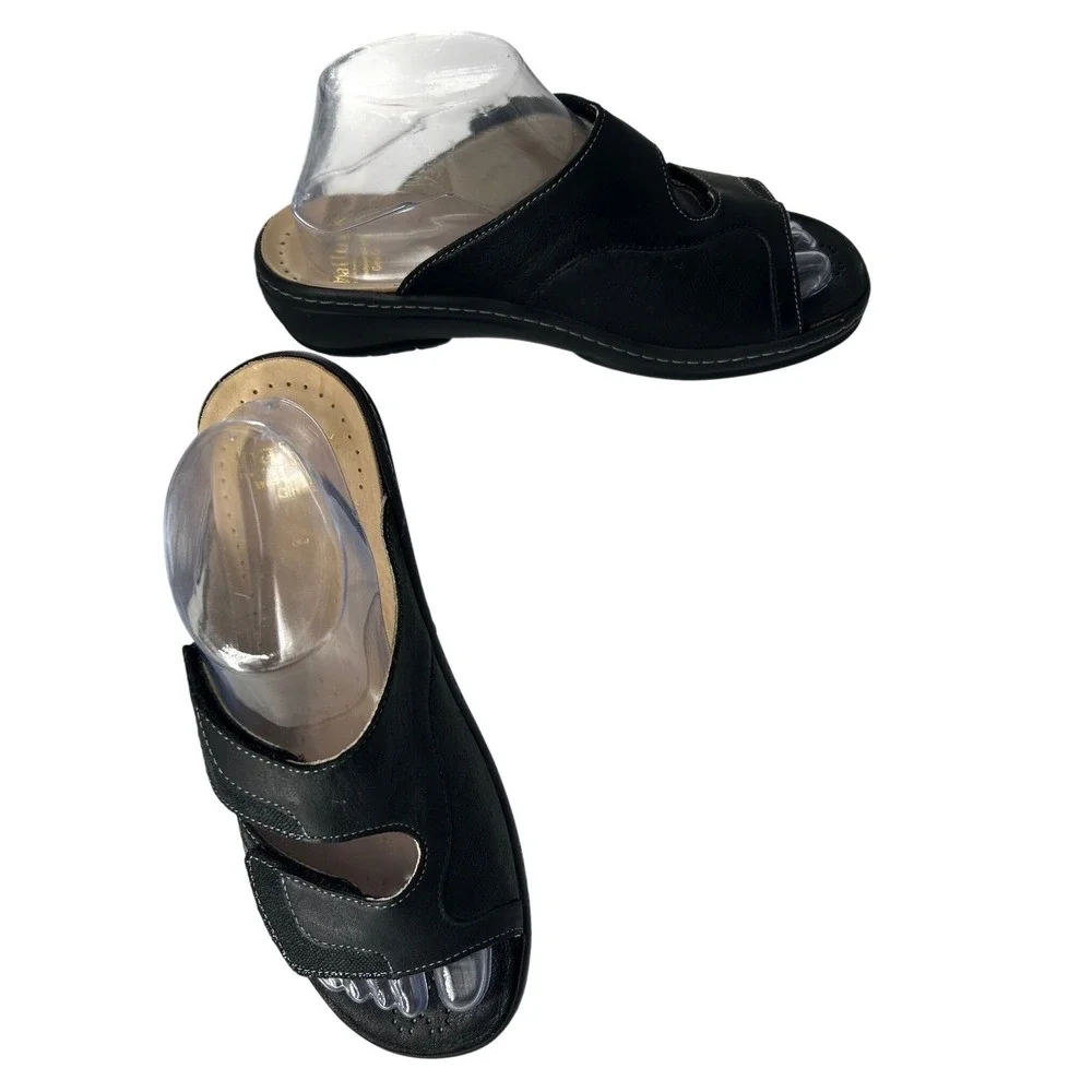 Hallux by Fidelia Gini G Leather Adjustable Strap Slide Sandals Sz 8